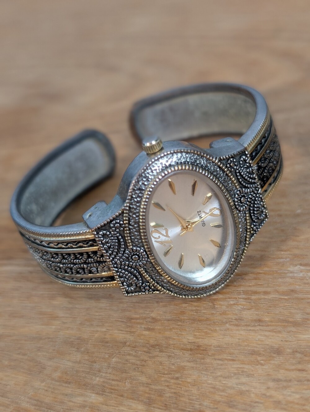 Coldwater Creek Silver and Gold Ornate Filigree Cuff Watch Bracelet